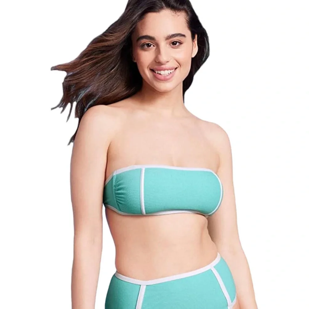 Women's Terry Textured Solid Bandeau with Binding Bikini Top Kona Sol Turquois S - Picture 1 of 4